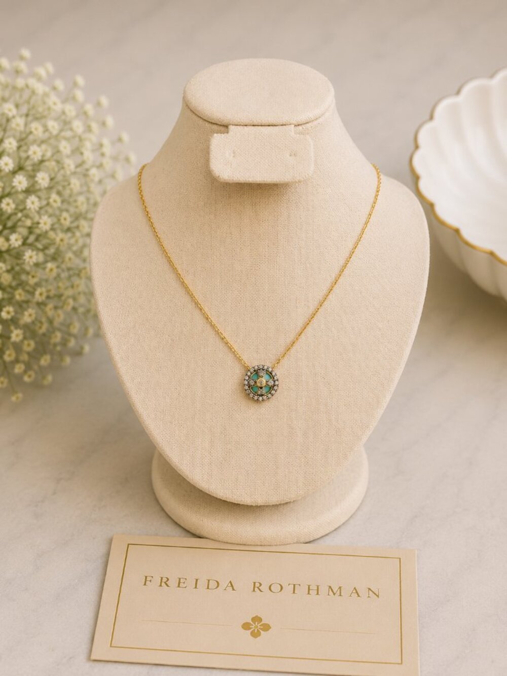 Freida Rothman Turquoise Clover Cage Pendant Necklace $150 MSRP
